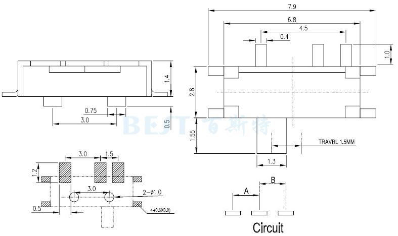 微型撥動開關MSK12C02參考圖紙